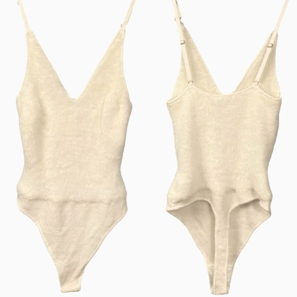 Free People Cream Ribbed V-Neck Bodysuit